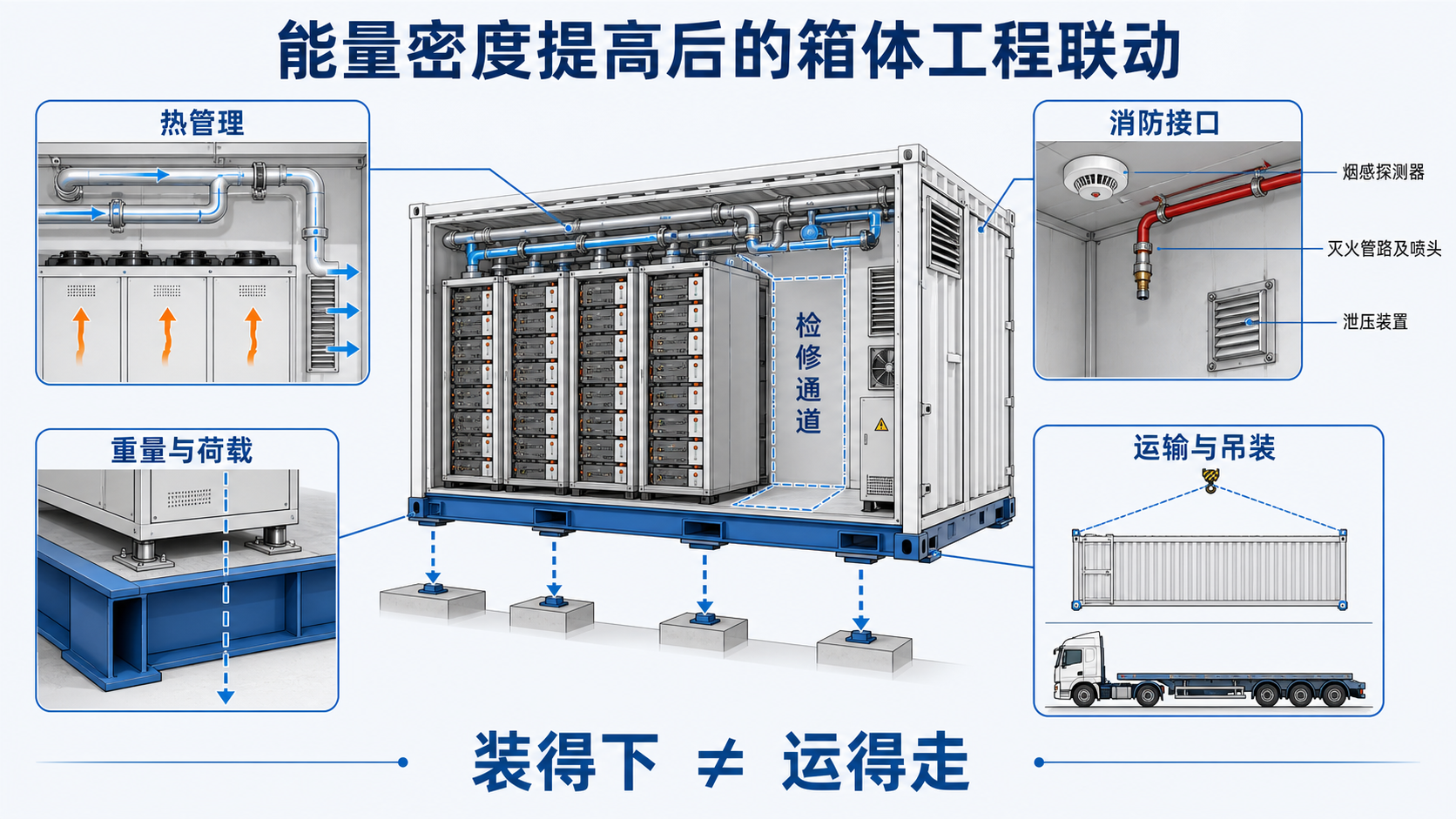 储能集装箱能量密度提高后重量荷载、热管理、消防接口和运输吊装联动示意图