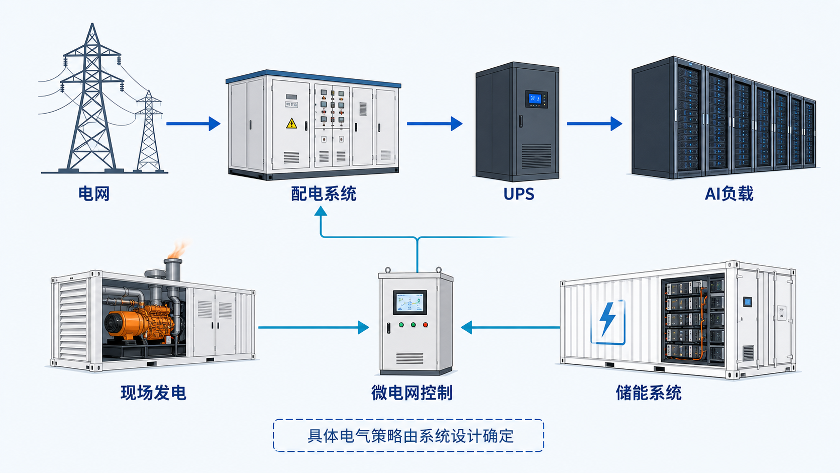 AI数据中心电网、配电、UPS、现场发电、储能系统和微电网控制供电架构示意图