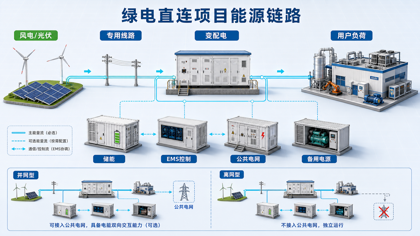 绿电直连项目中风电光伏、专用线路、变配电、用户负荷、储能、EMS控制、公共电网和备用电源关系示意图